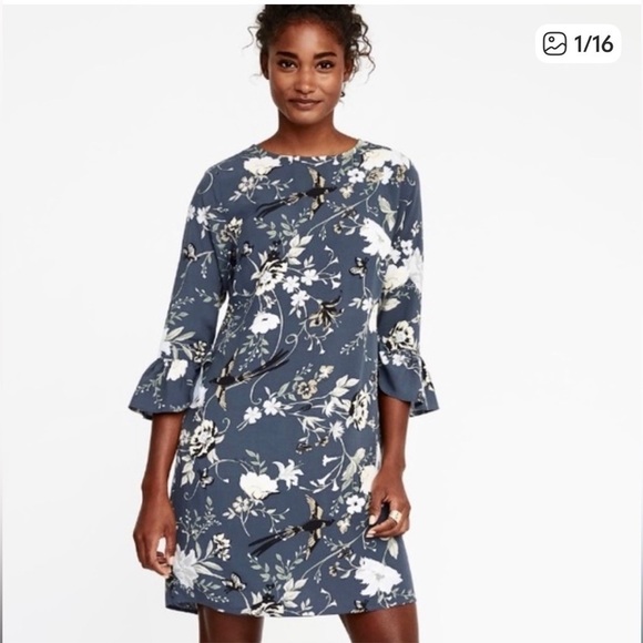 Old Navy Dresses & Skirts - Old Navy Floral Bell Sleeve Shift Dress Birds Butterfly Size Large Cottagecore